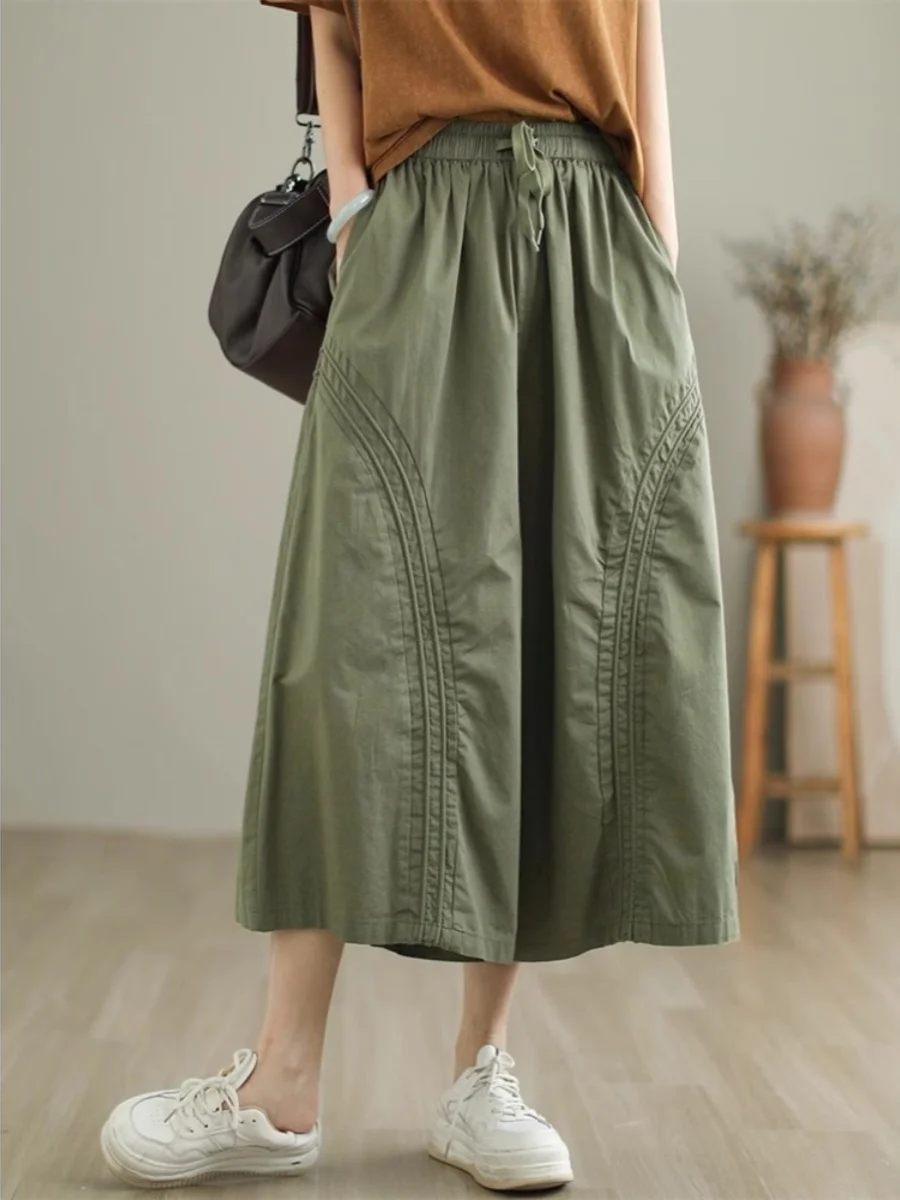 

Летние хлопковые брюки-палаццо 2024 для женщин, укороченные, с эластичным поясом, повседневные, прямого кроя, из чистого хлопка, с высокой талией