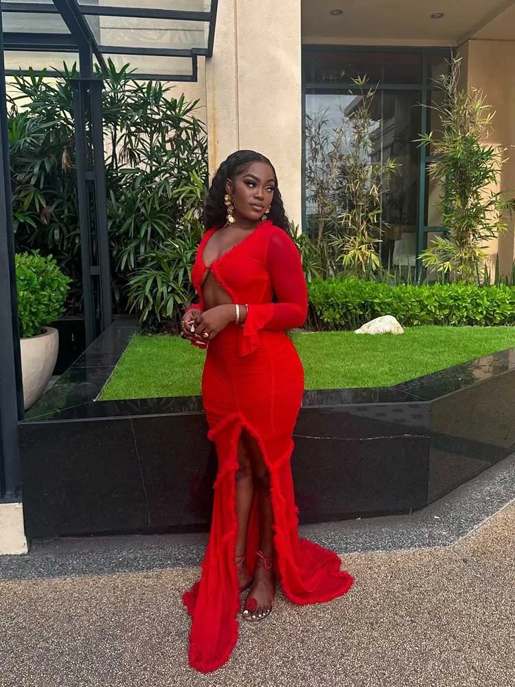 Sexy vestidos vermelhos para mulheres primavera manga longa elegante oco para fora vestido de noite feminino festa fenda lateral vestidos longos chiques