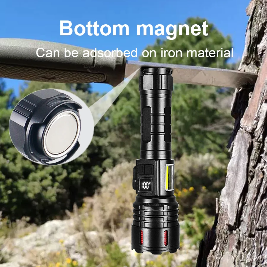 Super Bright High Power Led Flashlight with COB Side Light Magnet Tactical Torch Type-C Rechargeable Lantern Waterproof led Lamp