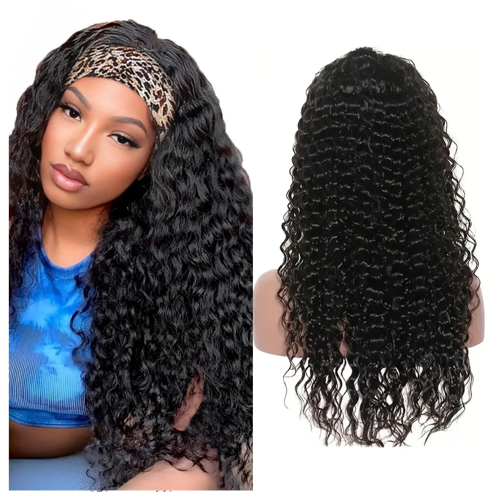 Deep Wave Human Hair Headband Wigs Machine Made Cheap Peruvian Remy Hair Deep Curly Long Wigs For Black Women 180% Density