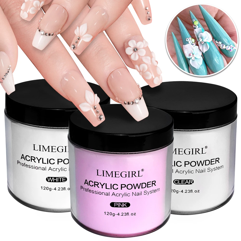 LIMEGIRL 120g Large Capacity Acrylic Powder Clear White Pink Professional Nail Acrylic Polymer for Nails Extension Quick Build