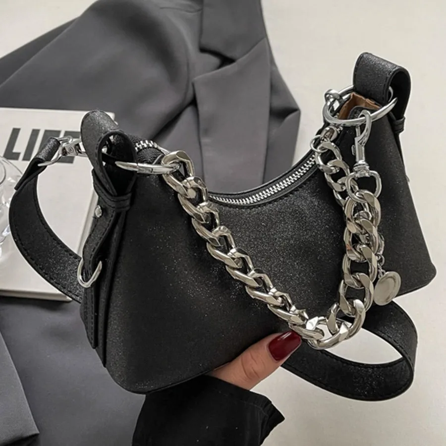 

2025 Trendy Chain Strap Bag for Women - French Baguette Crossbody Purse, Y2K Fashion Shoulder Bag Small Handbag