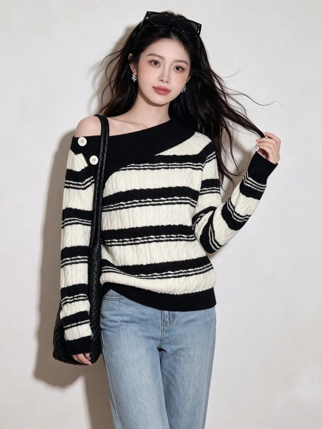Striped Shoulder Bared Long Sleeve Knitted Sweater Women's Loose Lazy Style Autumn Suitable Single Wear Korean Style Top