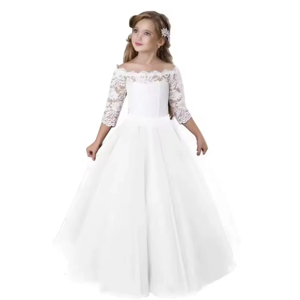 فستان زفاف فتاة الزهور بدون أكتاف مع فيونكة من الدانتيل للأطفال وحفلات أعياد الميلاد وحفلات الكريسماس فستان التواصل الأول #3