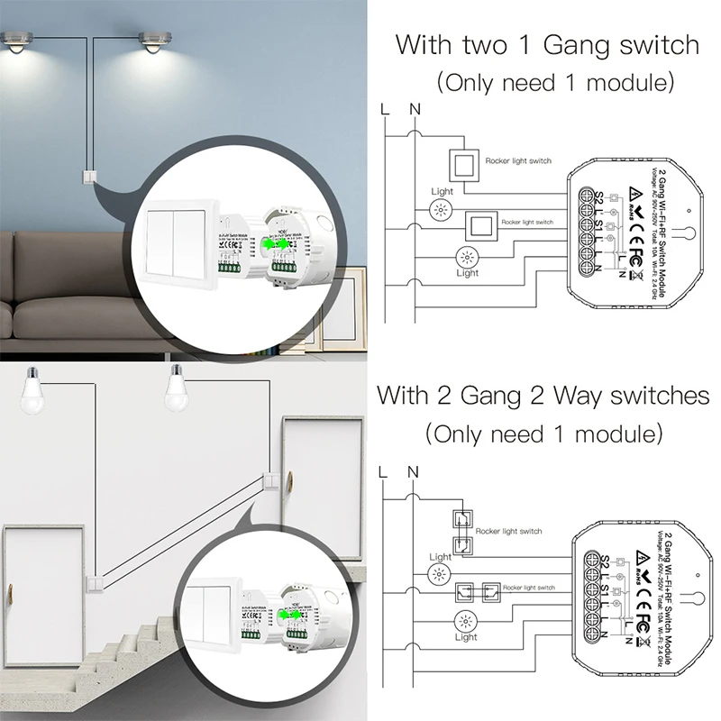2 Gang DIY Smart WiFi Switch Module Relay, Tuya APP Suara Remote Control 1/2 Way Wall Switch Breaker Alexa Google Home
