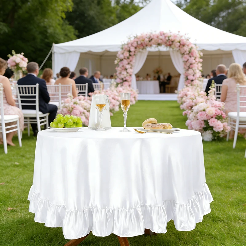Round Satin Ruffle Tablecloth Silky Fabric Washable Wedding Table Decorations for Birthday Party Kitchen Dining Room Table Cover