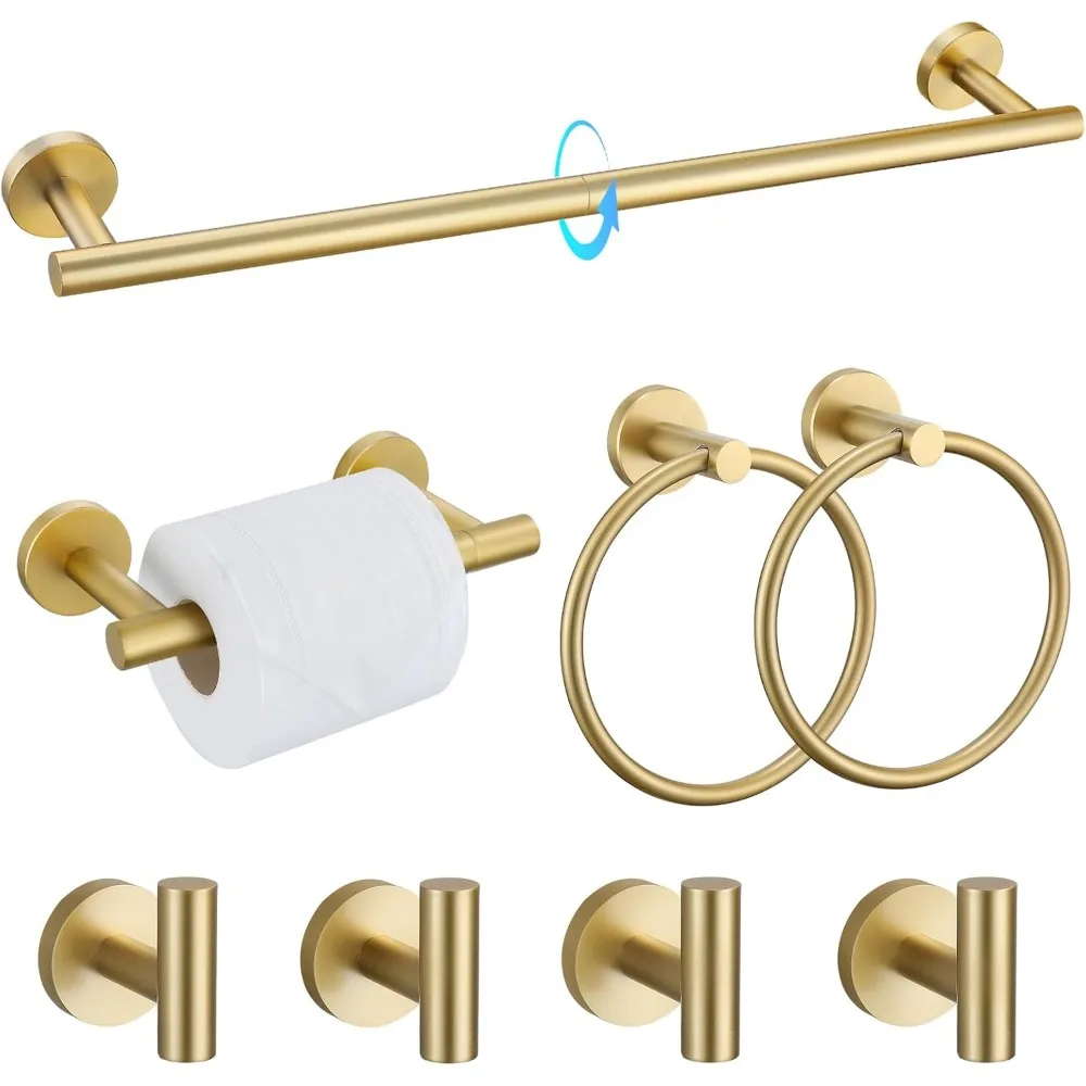 

8-Piece Brushed Gold SUS304 Stainless Steel Bath Towel Bar Set, 23.6 Inch Round Wall-Mounted Bathroom Accessories Kit