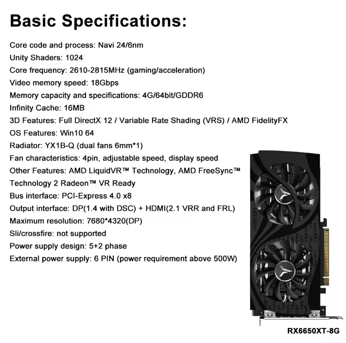 AMD Radeon RX6500XT Gamer Video Desktop Computer GPU PC 4GB Placa gráfica para jogos com 2 ventiladores