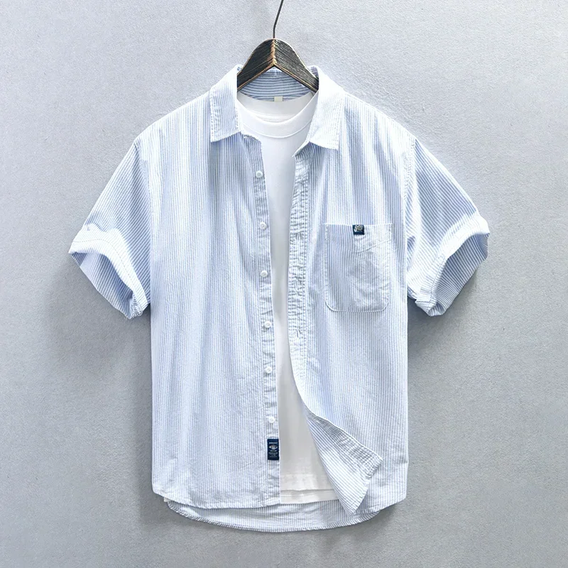 

2024 Summer New Striped Short Sleeve Shirt for Men Casual Turn-down Collar Blue Shirts Men's Clothing