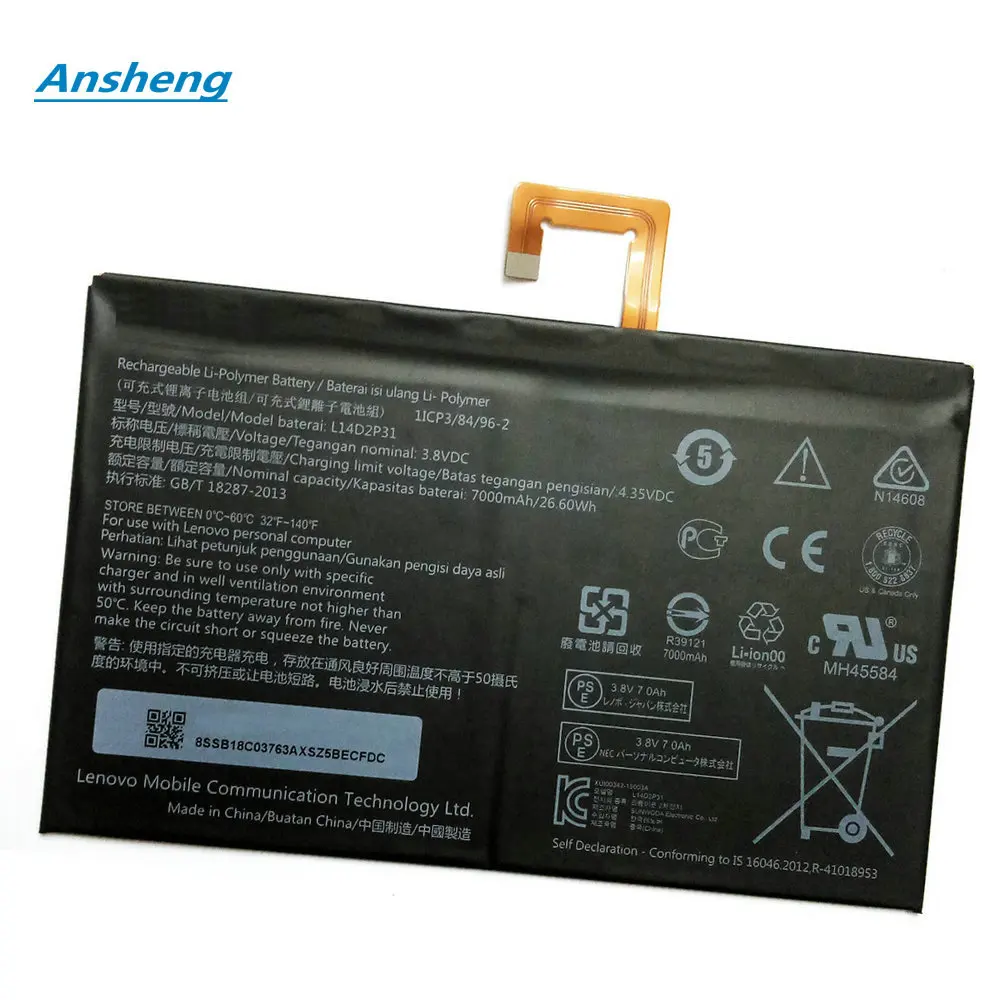 

New Original 7000mah L14D2P31 Battery For Lenovo Tab 2 A7600-F A10-70F Tab2 A10-70 A10-70L 3.8V 26.6WH