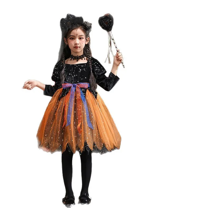 

Halloween girls cos witch pumpkin princess dress glow show costume