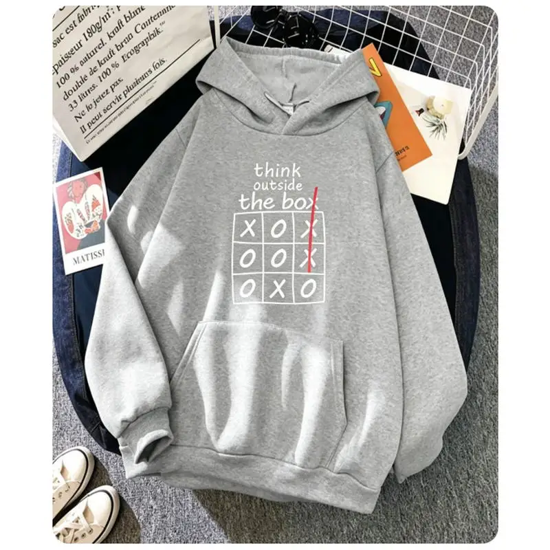 Think Outside The Box Tic Tac Toe Funny Graphic Hoodie Unisex Oversized Pullover Hooded Sweatshirt Men Women Casual Streetwear