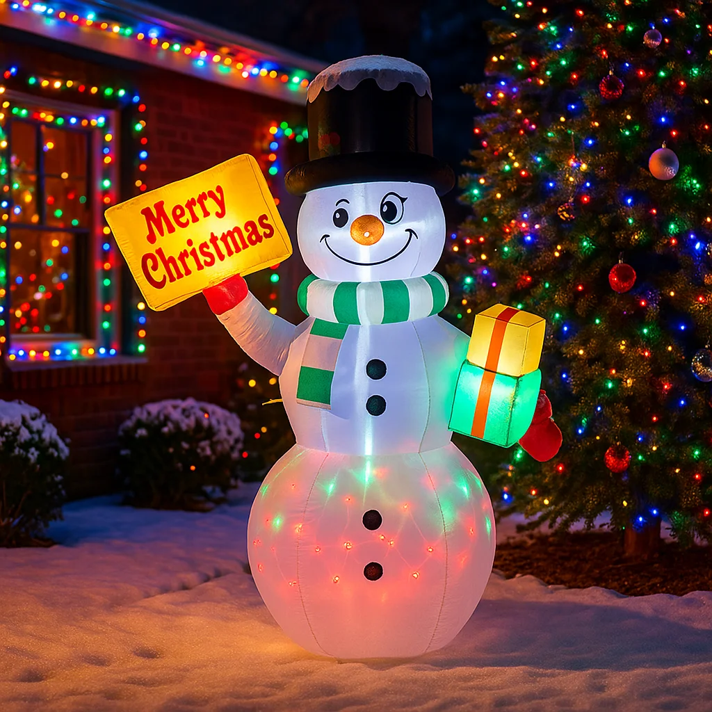 ตุ๊กตาหิมะเป่าลมขนาด 5 ฟุต สำหรับตกแต่งคริสต์มาส ถือของขวัญและของเล่น ประดับบ้านและสวน พร้อมไฟ LED ของตกแต่งคริสต์มาส พร้อมฐาน