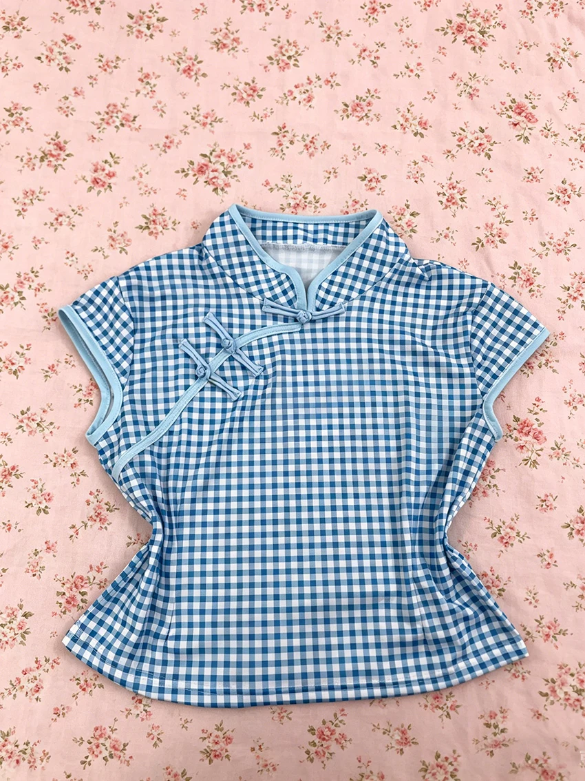 Summer Retro Style Slanted Neck Slim Checkered Contrasting Stand Collar T-shirt Fashionable Versatile Classic Short Sleeved Tops