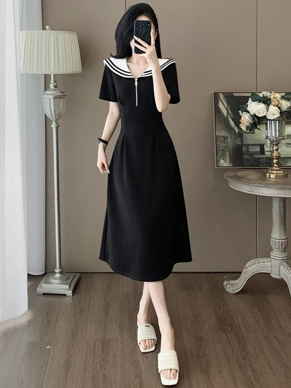

Elegant Black Dress Women's Summer Slimming A-Line Skirt Navy Collar Waist-Cinching College Style Short Sleeve Long Dress