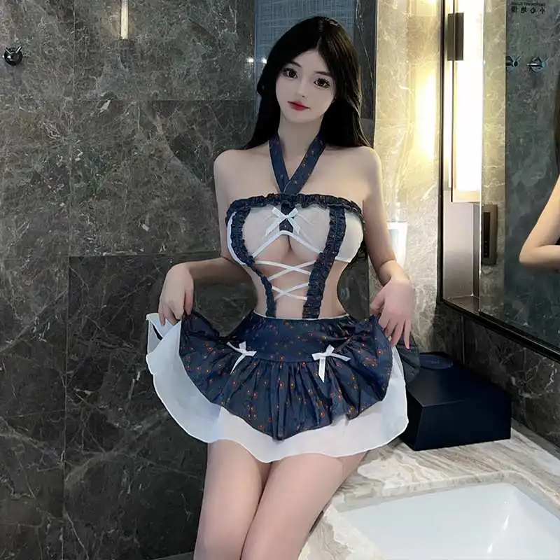 ใหม่ผู้หญิงเซ็กซี่ Hollow Out ดูผ่าน Roleplay ชุดชั้นในแม่บ้านชุด Naugty Theme Party คอสเพลย์ Halter เครื่องแต่งกาย Fliter ชุดนอน