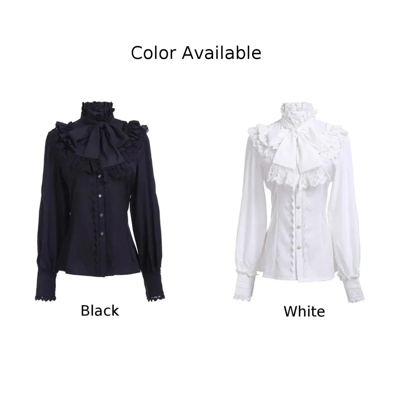 New Vintage Victorian Ruched Lace Shirts And Blouses Gothic Lolita Long Sleeve Ruffles Solid Black White Tops Shirt For Women