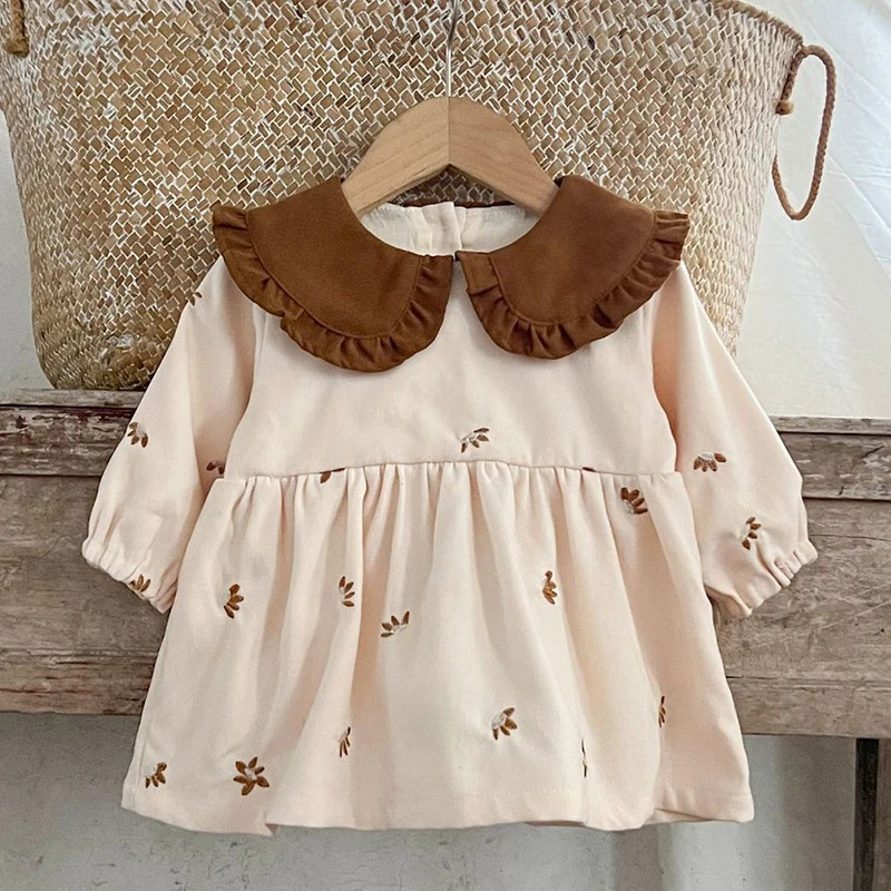 2024 New Autumn 0-4Yrs Baby Girl Party Dress Kids Princess Dresses Long Sleeved Corduroy Embroidery Dress Children Clothes