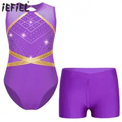 Kids Girls Rhinestones Ballet Gymnastics Leotard Keyhole Back Dance Bodysuit with Shorts for Figure Skating Dance Performance