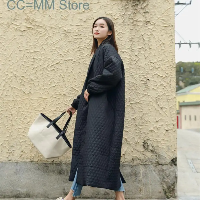 New Street Thin Style Black Oversize Lapel Back Vent Button Female's Long Cotton Coat Jaqueta Feminina