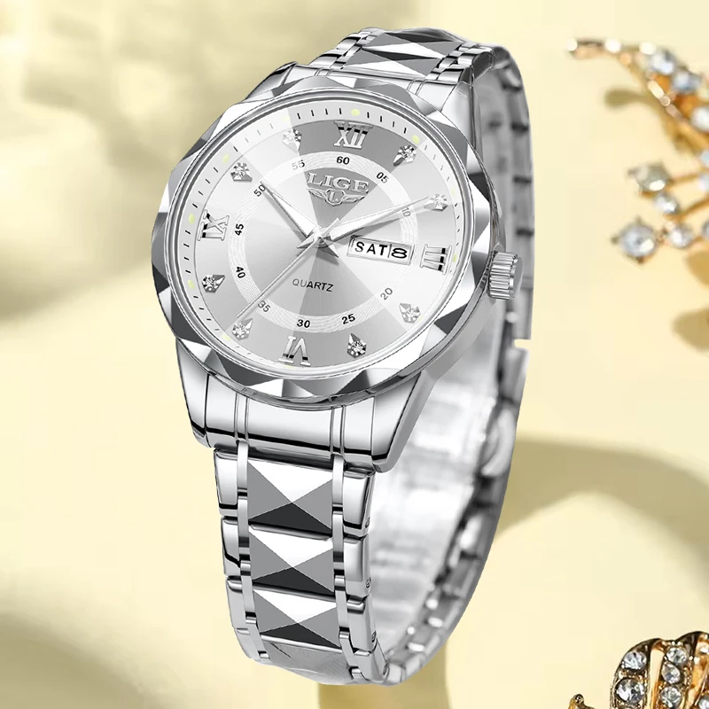 

LIGE Simple Sports Watch For Women Fashion Silver Stainless Steel Quartz Ladies Watches Waterproof Luminous Diamond Watch Femme