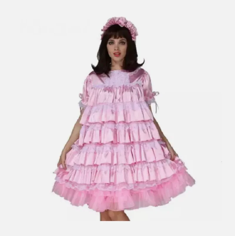 

New Hot Selling Sissy Girl Maid Pink Satin Lockable Dress Cosplay Costume Tailored