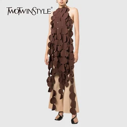 TWOTWINSTYLE Solid Sexy Dresses For Women Halter Slash Neck Sleeveless Patchwork Lace Up Slimming Dress Female Fashion Clothes