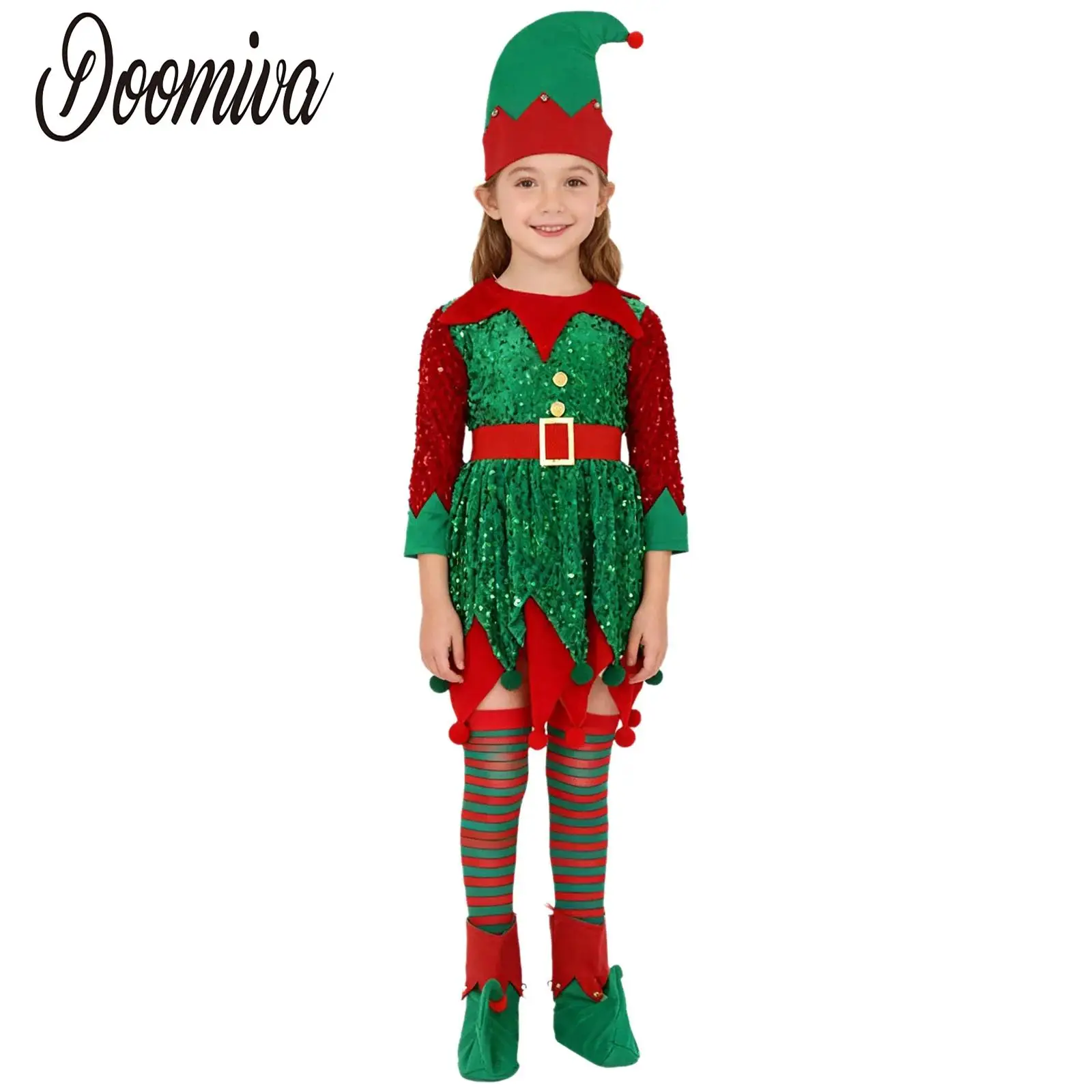 

Girls Christmas Santa Helper Costume Set Outfit Sequins Long Sleeve Zipper Jagged Hem Dress and Bells Hat Socks Shoes Covers