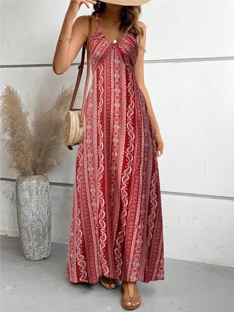 Robe longue d'été Sexy, dos nu, col en v, bretelles Spaghetti, Maxi, mode, imprimé rayé, fente haute, style Boho, plage, vacances