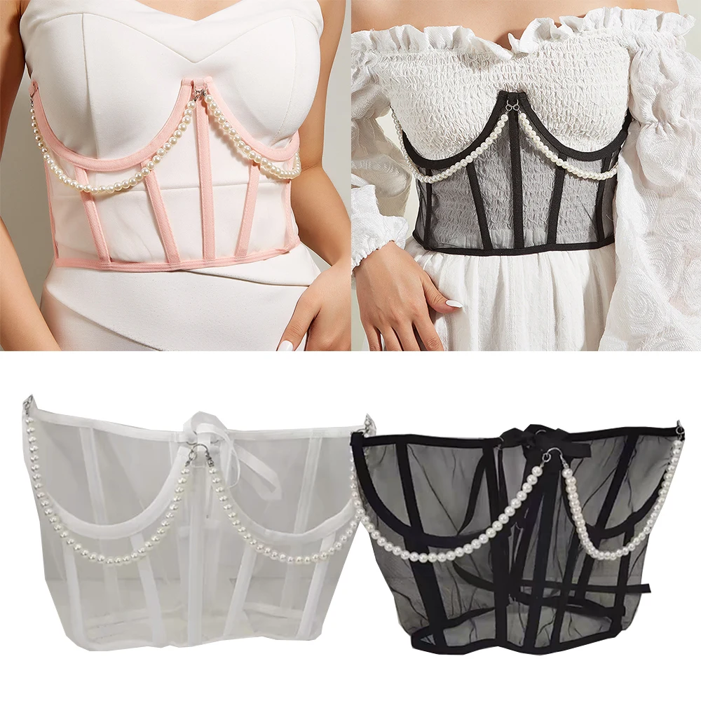 Summer Lace-up Cummerbund Women Wide Corset Belt  Pearl Chain Transparent Mesh Corset Waist High Waist Bustiers Top Boned Corset