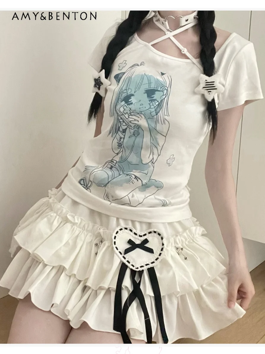 Japanese Sweet Anime Print Cross Lace-up Short-Sleeved Top Summer New Subculture Gothic Y2K Graphic T Shirts Kawaii Sexy Tops