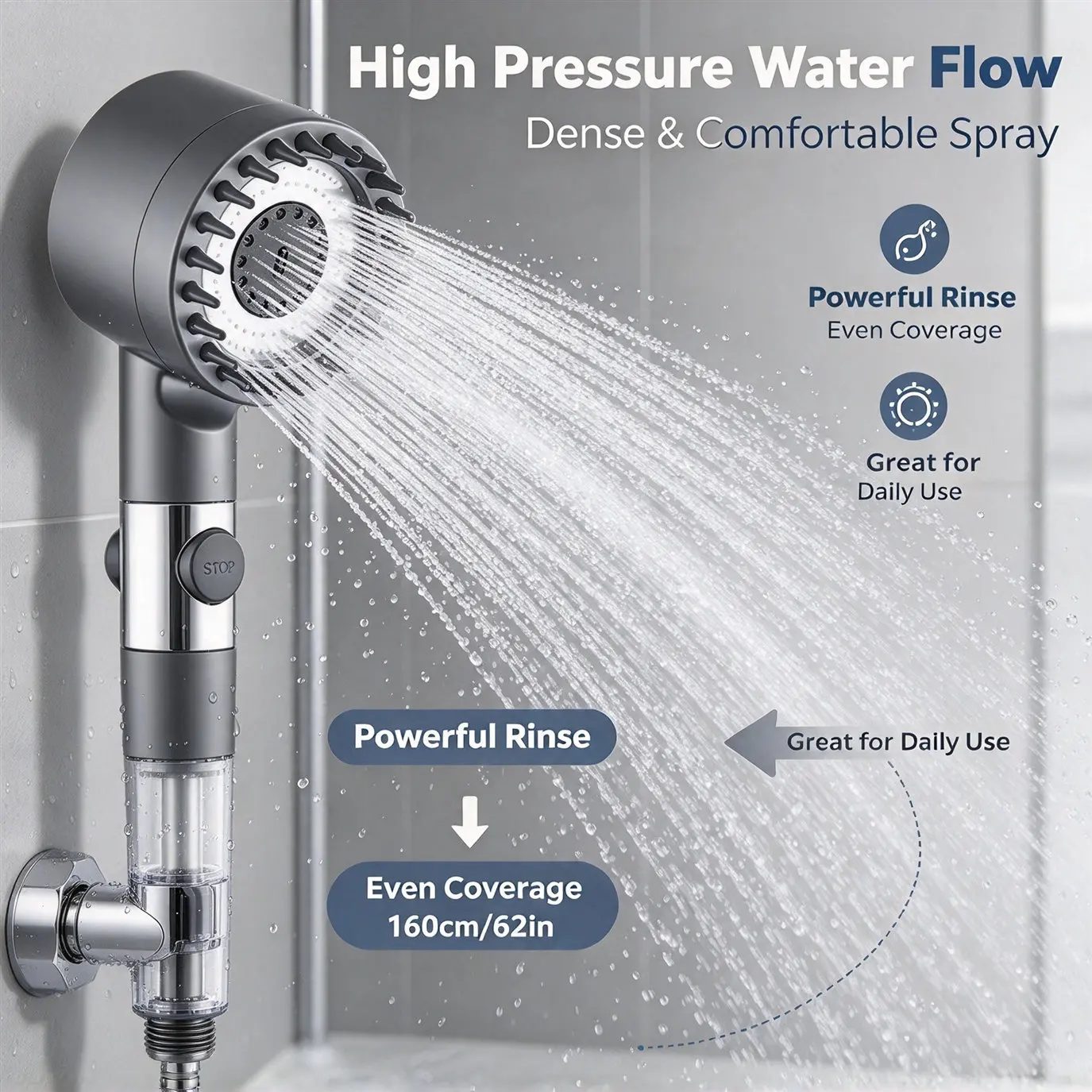 HTMCK Gray Medium Shower Head with Built-in Filter, 3 Spray Modes One-Key Stop 62-inch Braided Hose, Drill-Free Bracket image 6