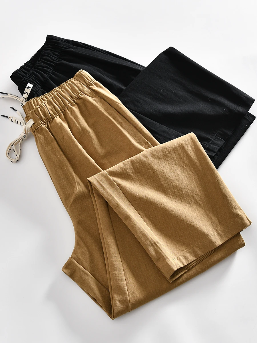 Comfortable Cotton Men's Casual Pants Breathable Elastic Waist Straight Leg Long Trousers Summer Fashionable Washed out Style