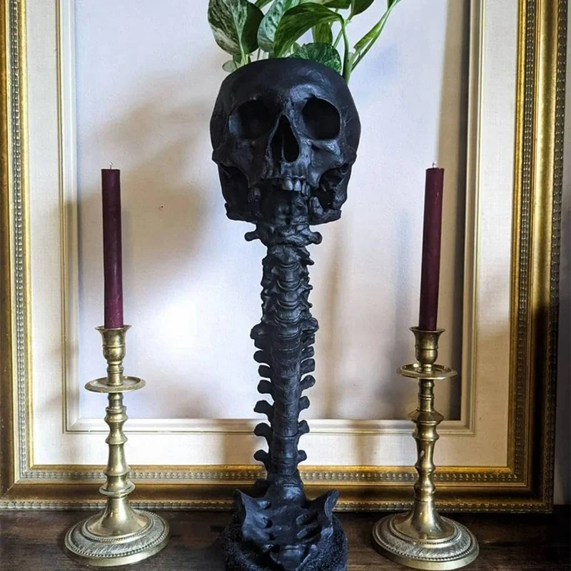 2X Resin Skull Planter & Spine Stand Set, Polyresin Skulls Pot, Halloween Decoration Human Skull Head Flower, Black