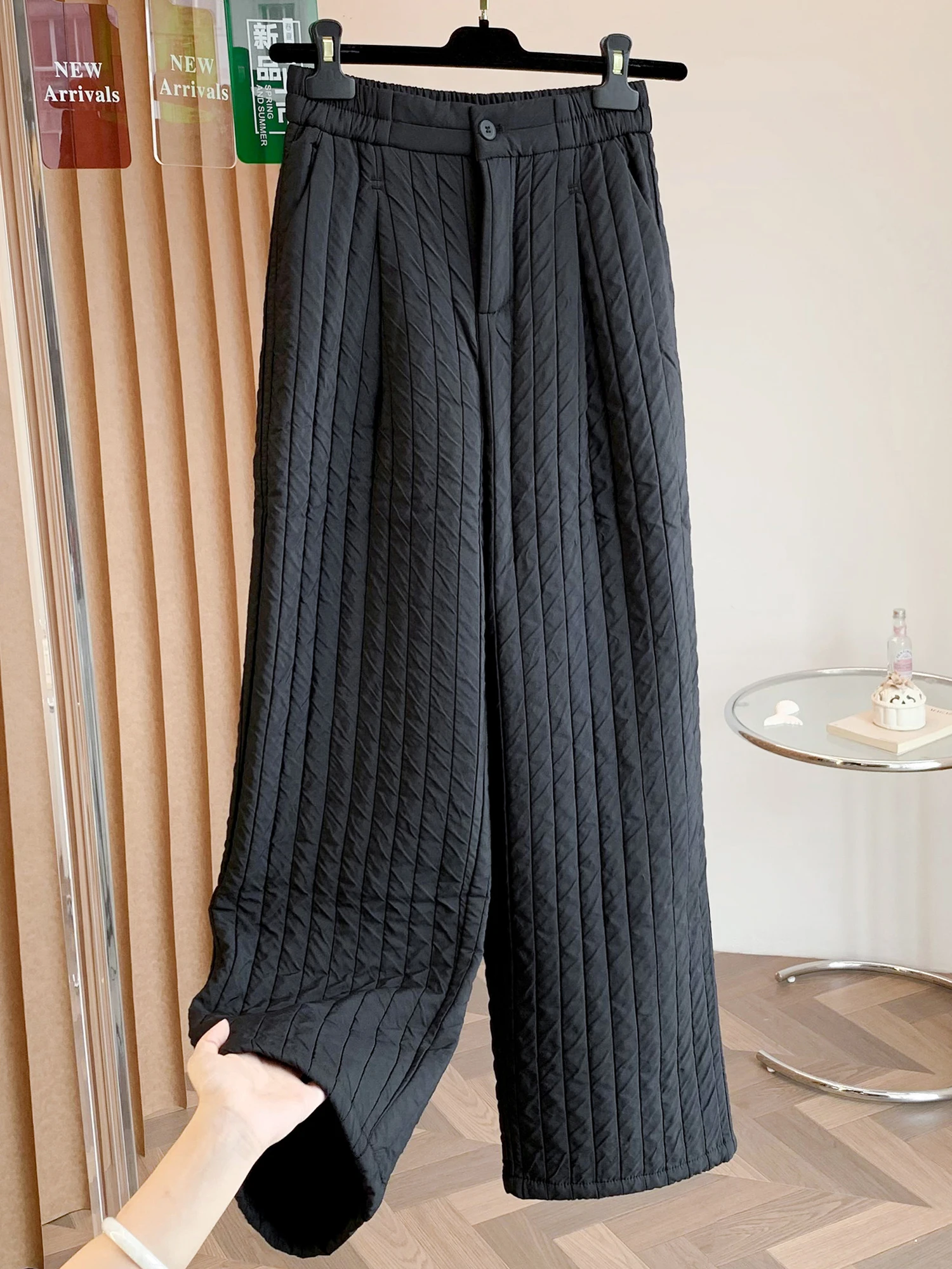 Black Quilted Stripe Cotton Wide Leg Pants Women's Winter Outerwear Elastic High Waist Fashion Casual Warm Straight Cotton Tr...