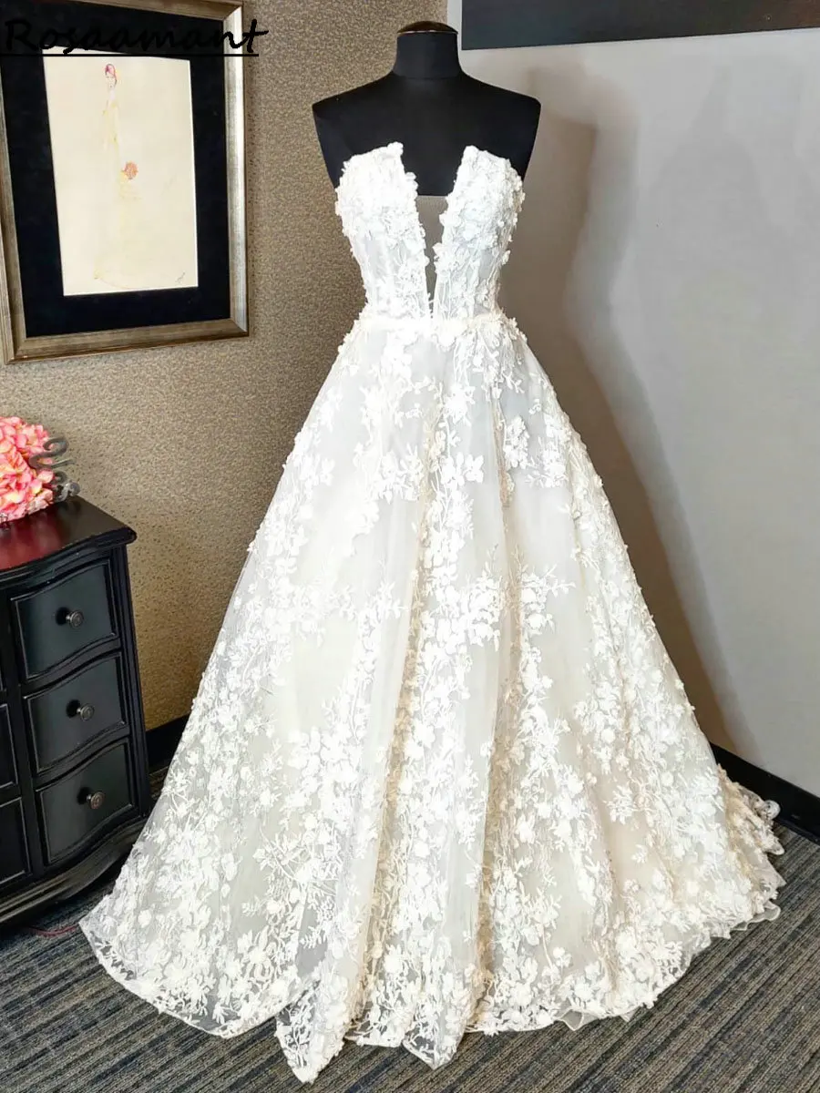 Robe de mariée dos nu sans bretelles, robes de mariée A-Line, appliques florales, dentelle, patients, quelle que soit la robe de mariée, image réelle