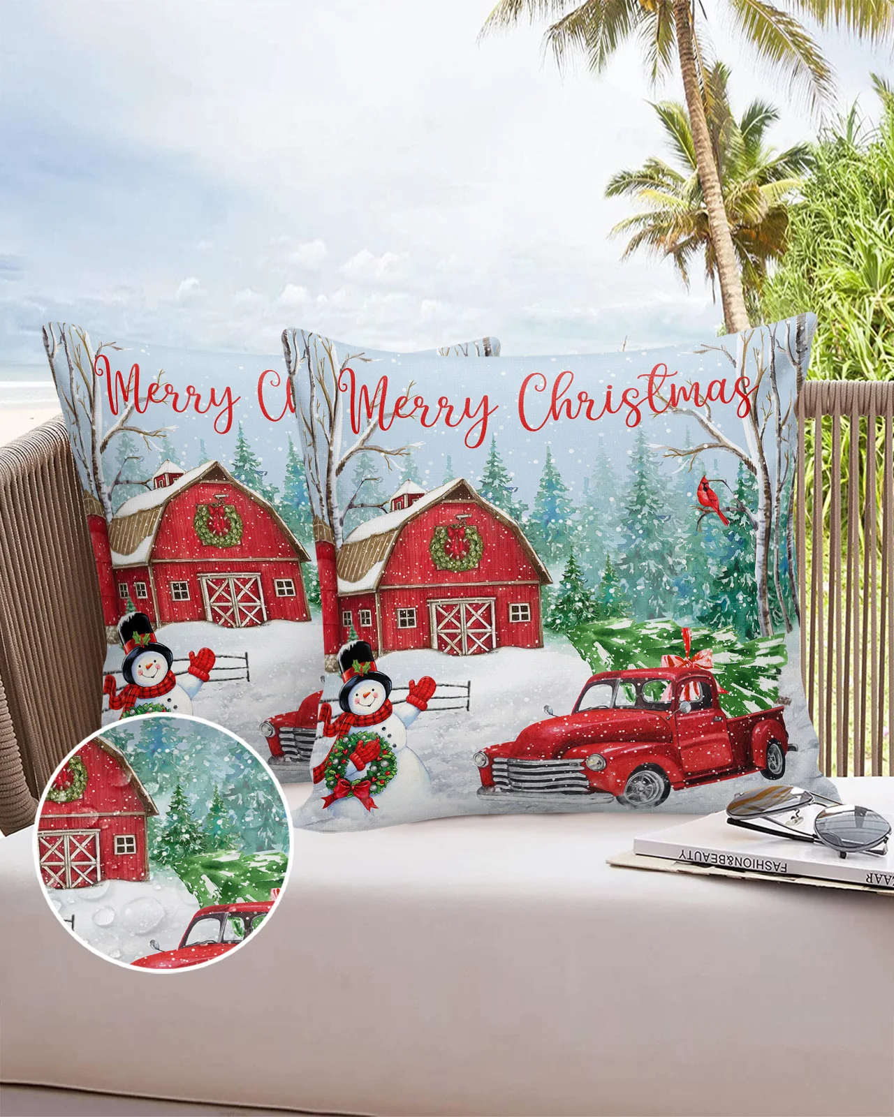 Christmas Farm Red Barn Snowman Car Tree Bird 2/4PCS Outdoor Garden Waterproof Cushion Cover Home Decor 45/50/60cm Pillow Case