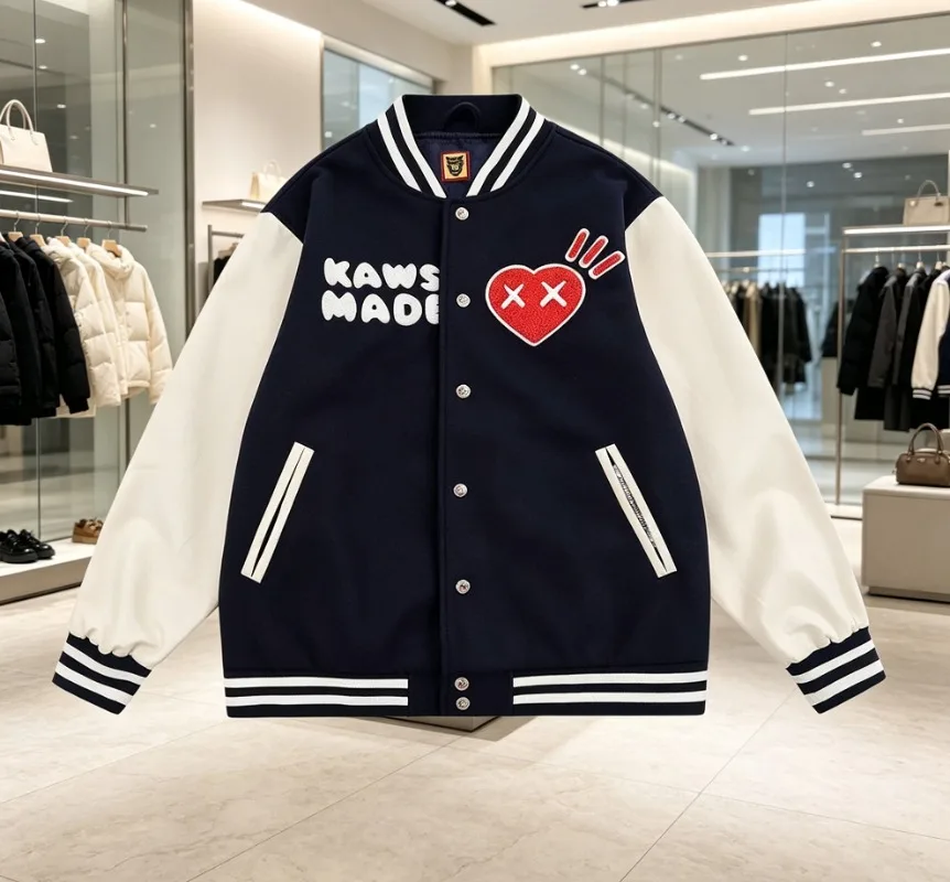 HUMAN MADE Tiger Varsity Jacket Leather Sleeves Embroidered Patch Couple Streetwear