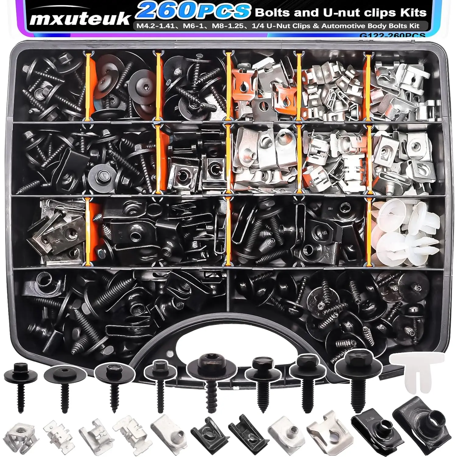

260PCS U-Nut Clips & Automotive Body Fender Bolts Kit for Car Fender, Engine Cover, Bumper Liner