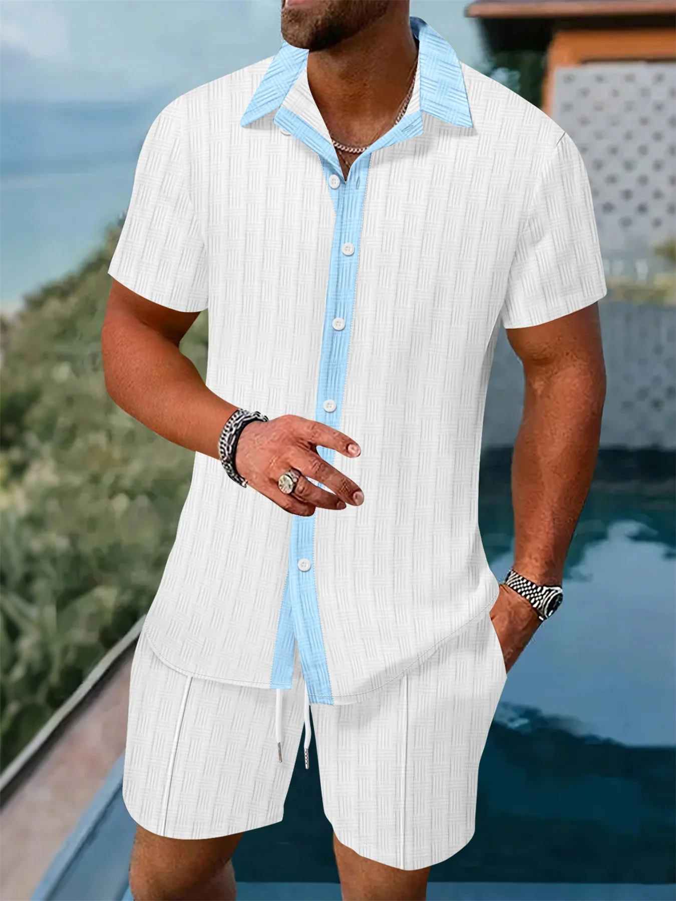 

2025 New Summer Men's Fashion Casual Stripe Solid Color Short Sleeved Shirt Shorts Collared Set Hawaiian Beachwear Ensemble