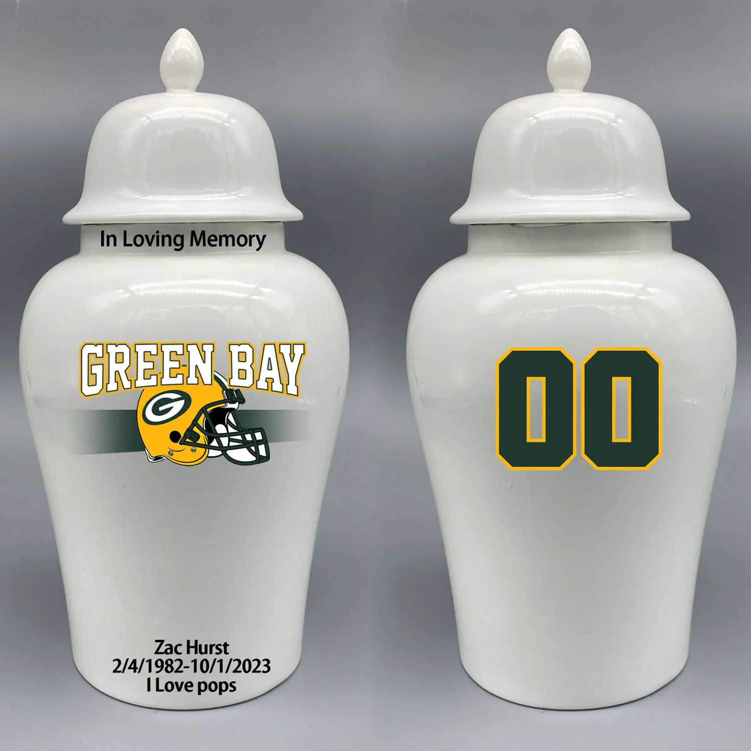 Large Urn for Green Bay Packers-themed Logo Urn.Please send me the customize information-name/date and number on the urn