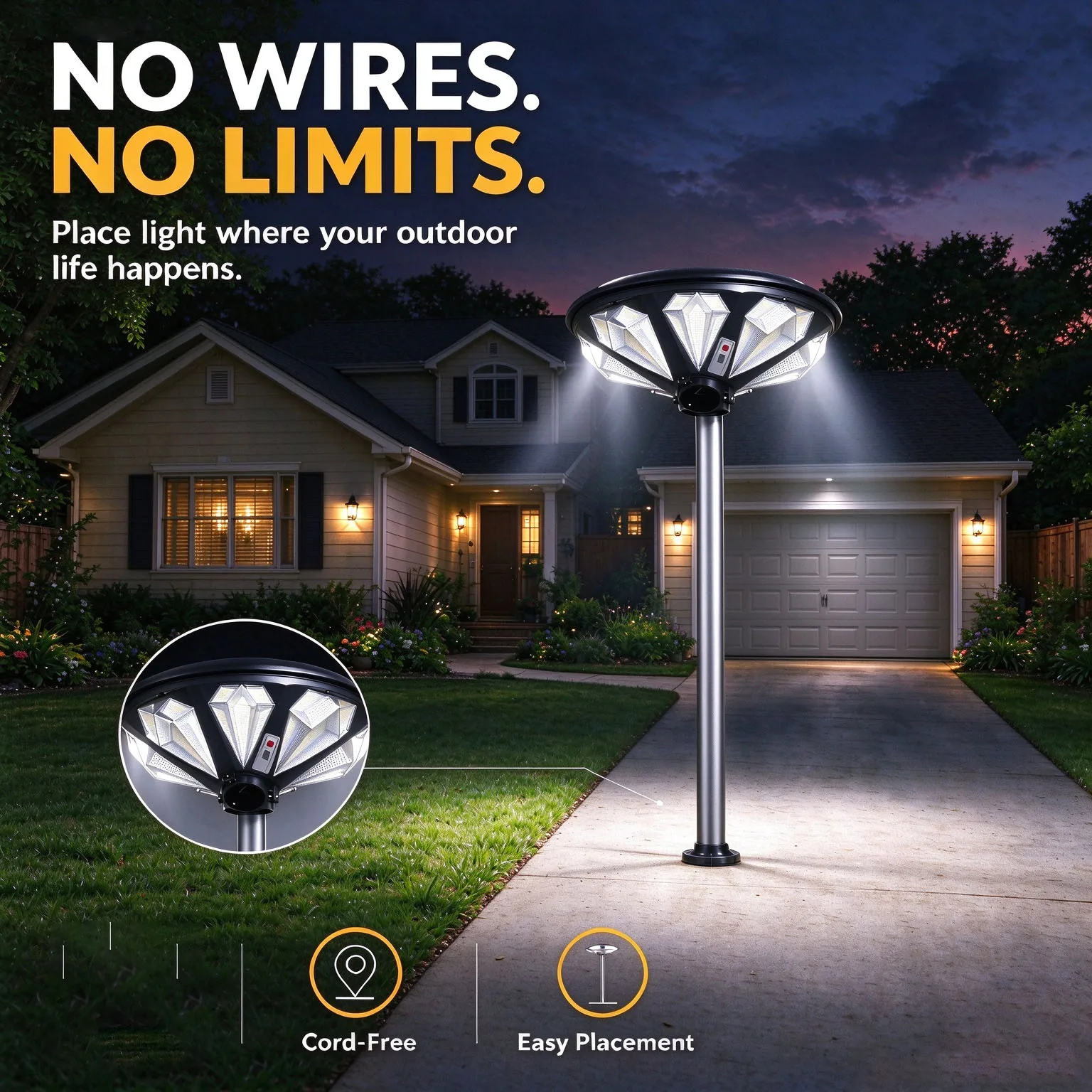 Solar Powered Outdoor UFO Post Light LED Solar Garden Street Light IP65 Waterproof Adjustable Height Pole Remote Control Timer Motion Sensor Auto Dusk to Dawn Lamp for Villa Yard Lawn Walkway