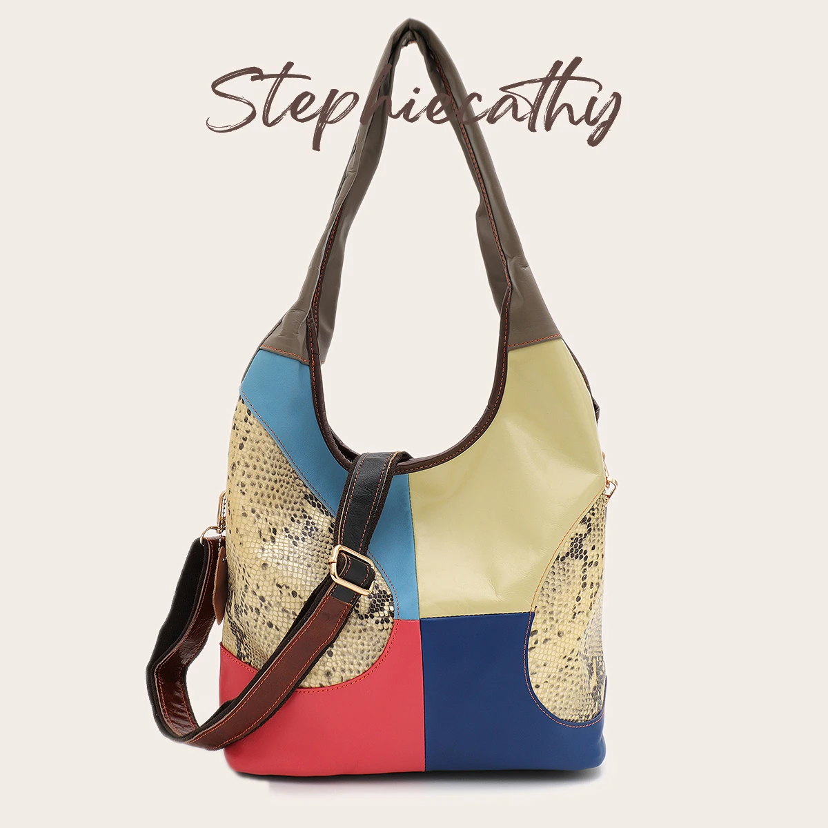 SC Women Retro Colorful Patchwork Cowhide Handbag Snake Skin Pattern Hobo Large Adjustable Long Strap Cross body Shoulder Bag
