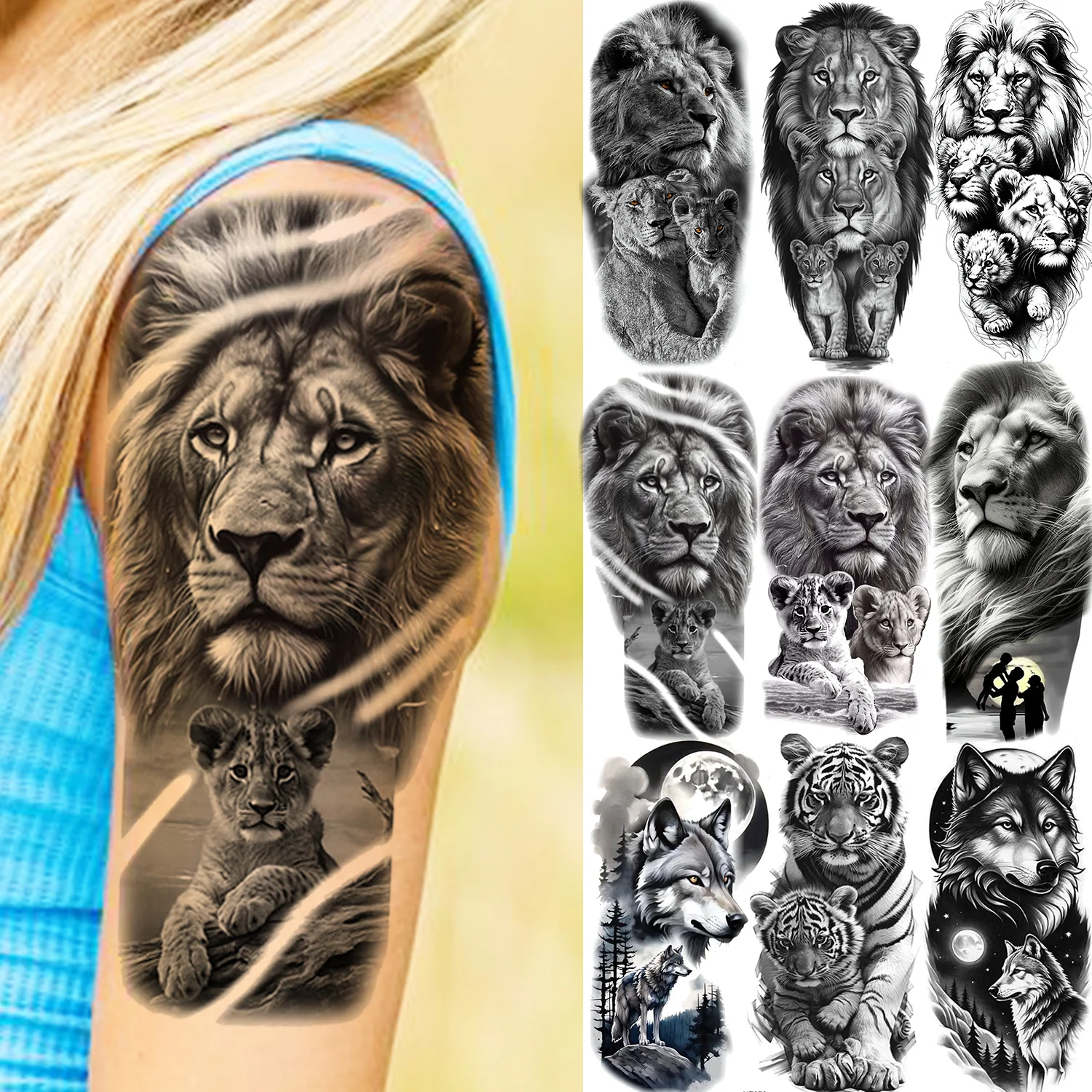 

1 Sheet Lion With Baby Temporary Tattoos Animals Family Love Style Tatoos Waterproof Realistic Fake Tattoo Sticker Long Lasting