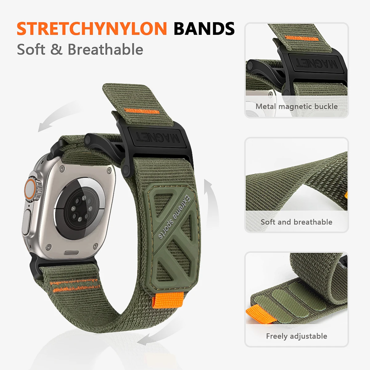 Armband für Apple Watch Ultra 49 mm, 44 mm, 45 mm, 46 mm, Herrenarmband. Magnetverschluss, Nylonarmband für iWatch Series 12, 10, 7, 8, 9, SE, 4, 5, 6. – Detail 4