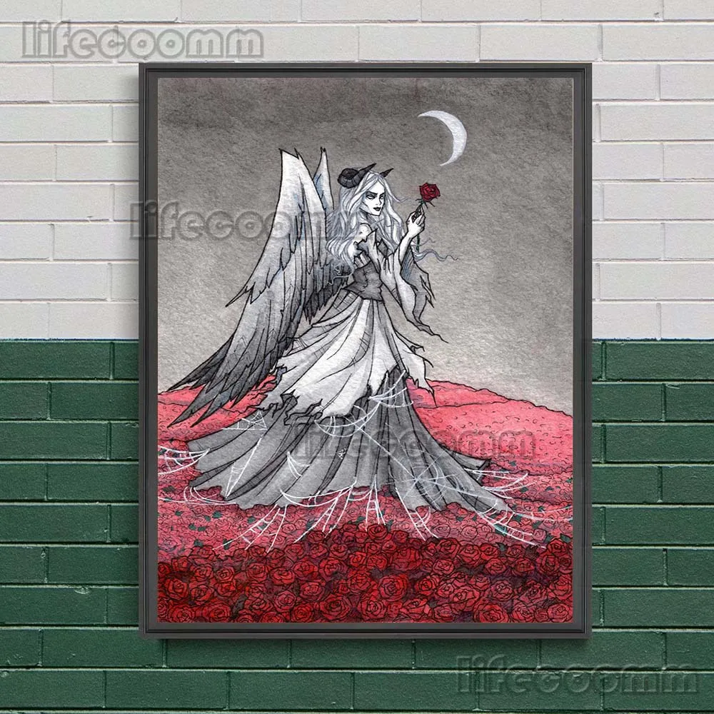 مصاص دماء التوائم مجردة القوطية ملصق فني ومطبوعات مقبرة العروس ، الهلال الساحرة الرسم على لوحات القماش الجدارية ديكور المنزل غير المؤطرة #4
