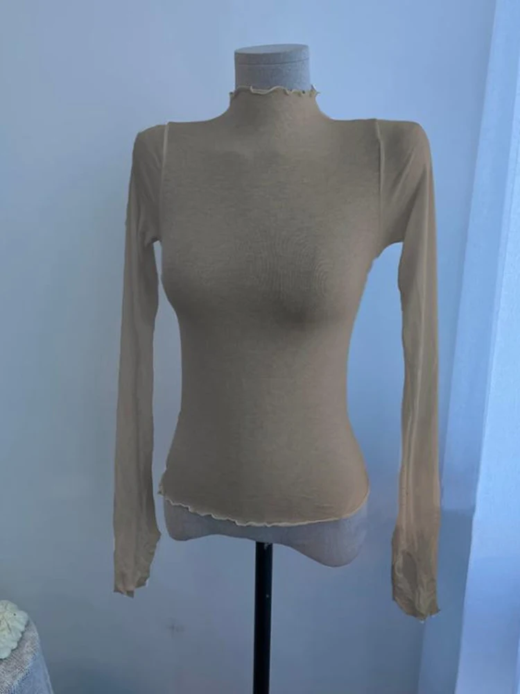 2026 Frühling Sommer Sexy Durchsichtiges Damen T-Shirt Hochelastisches Slim-Fit Rüschen-Rollkragen-T-Shirt Einfarbiges Oberteil – Detail 6