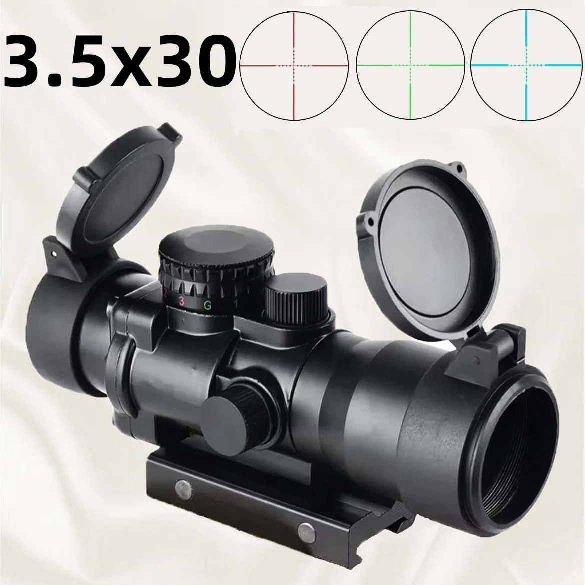 Tactical 3.5X30 Tri-Illuminated Adjustable Reflex Hunting Optics Red Green Blue Cross Reticle Airsoft Sight Fit 20mm Rail Mount