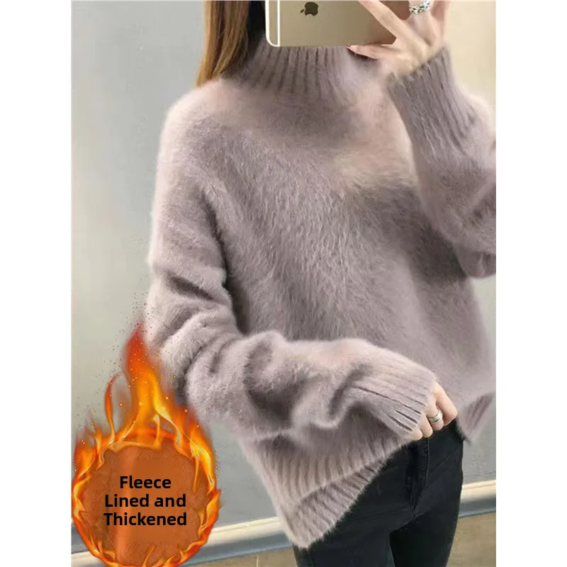 

Женский свитер Fce на подкладке Thiened f с высоким воротником, свободная основа, трикотажная одежда, осень-зима, новый водяной кроличий мех