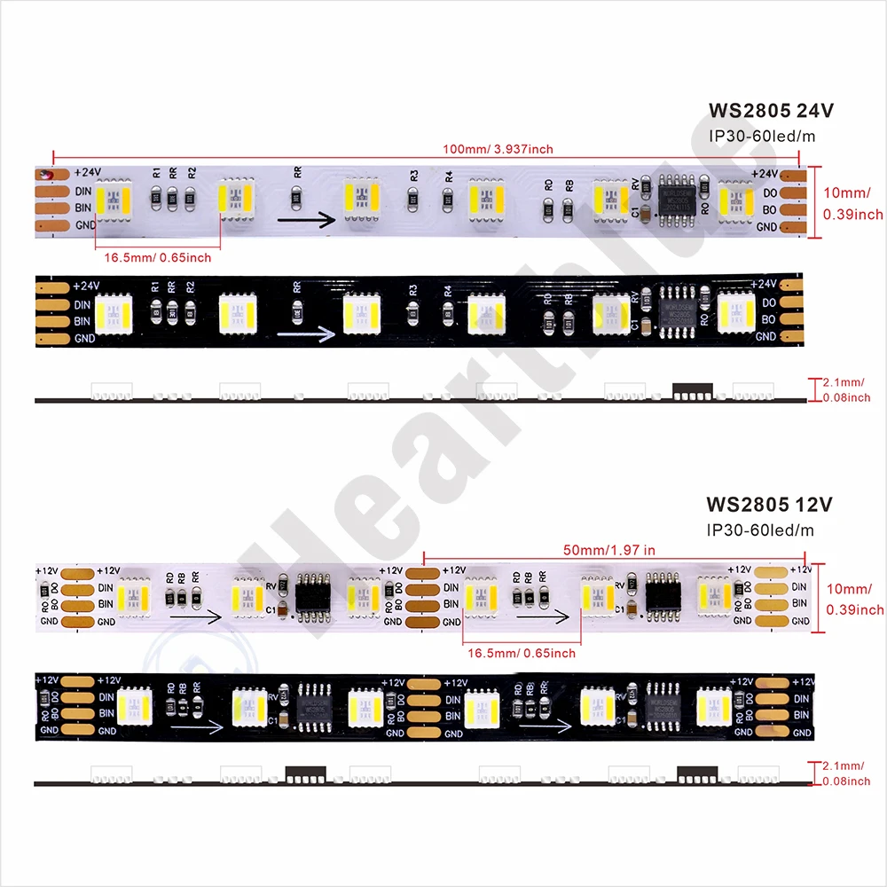 12V/24V RGBCCT WS2805 Pixel LED Strip Light 5in1 Addressable LED Light Dual-Signal RGB WW CW 60LEDs 1IC for 3/6D White Black PCB